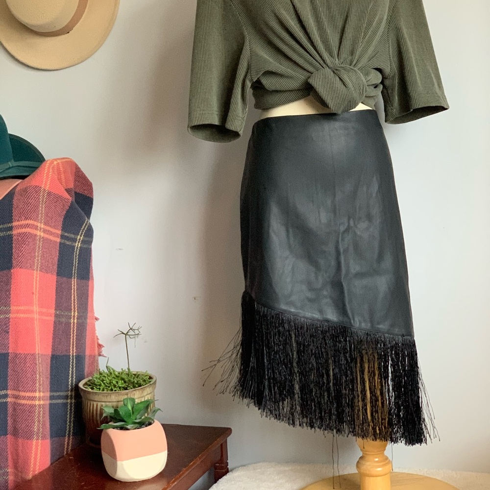 Faux leather asymmetrical fringe midi skirt